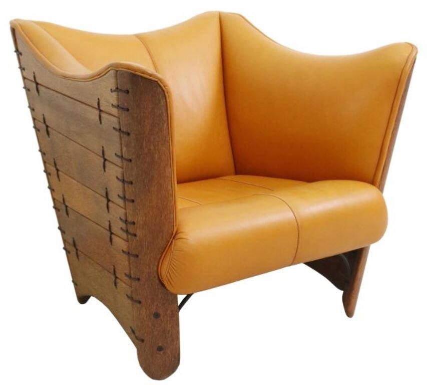 Appraisal: PACIFIC GREEN COGNAC LEATHER WINGBACK ARMCHAIRCognac leather wingback armchair Pacific