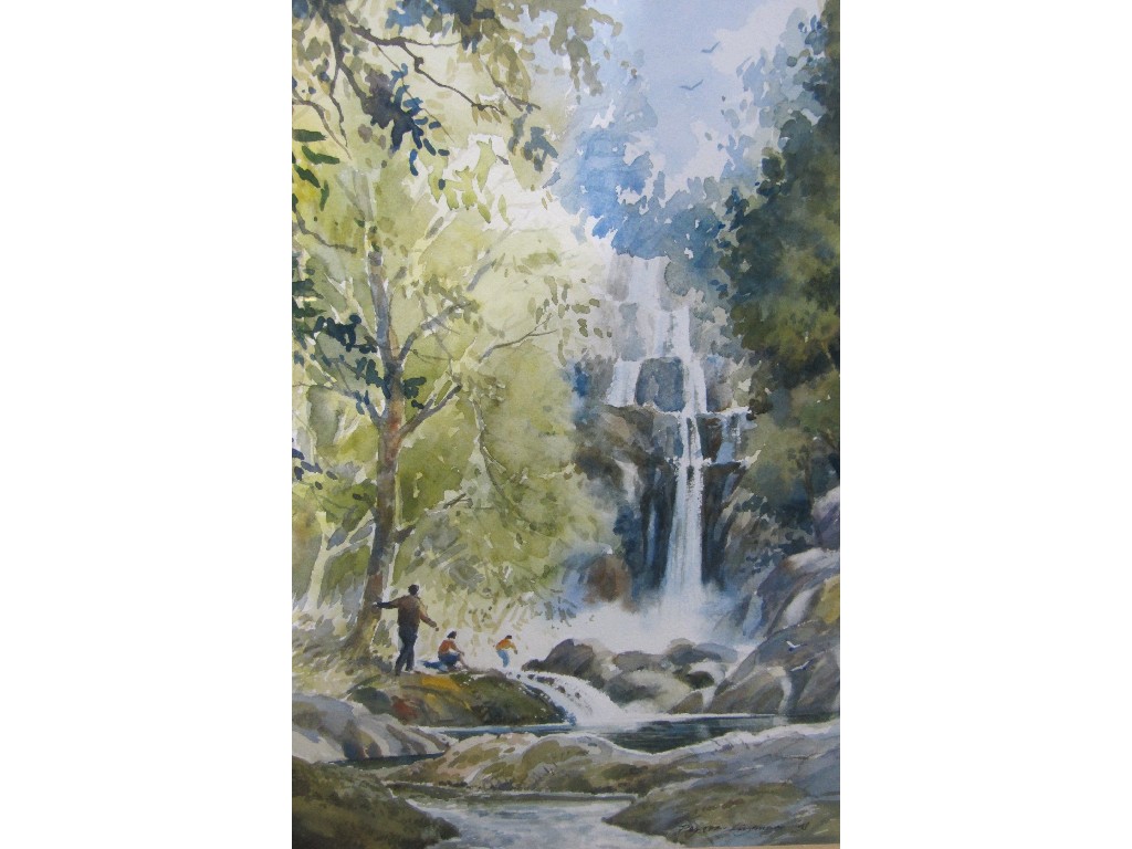 Appraisal: ALLAN PERERA-LIYANGE Watercolour of figures by a waterfall signed and