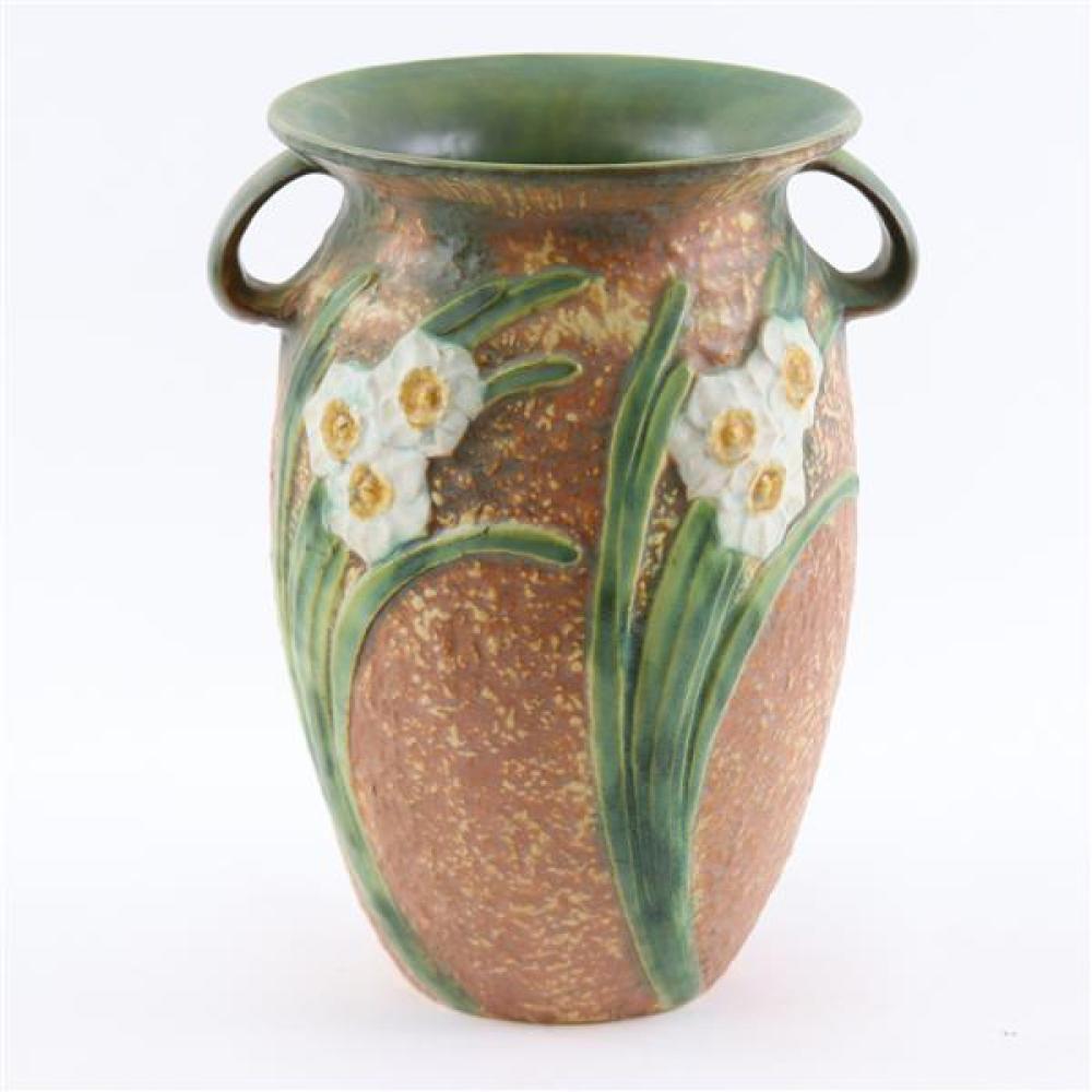 Appraisal: ROSEVILLE JONQUIL ART POTTERY DOUBLE HANDLE VASE Roseville Jonquil art