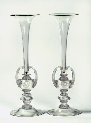 Appraisal: A PAIR OF CLEAR GLASS VASES of trumpet form the