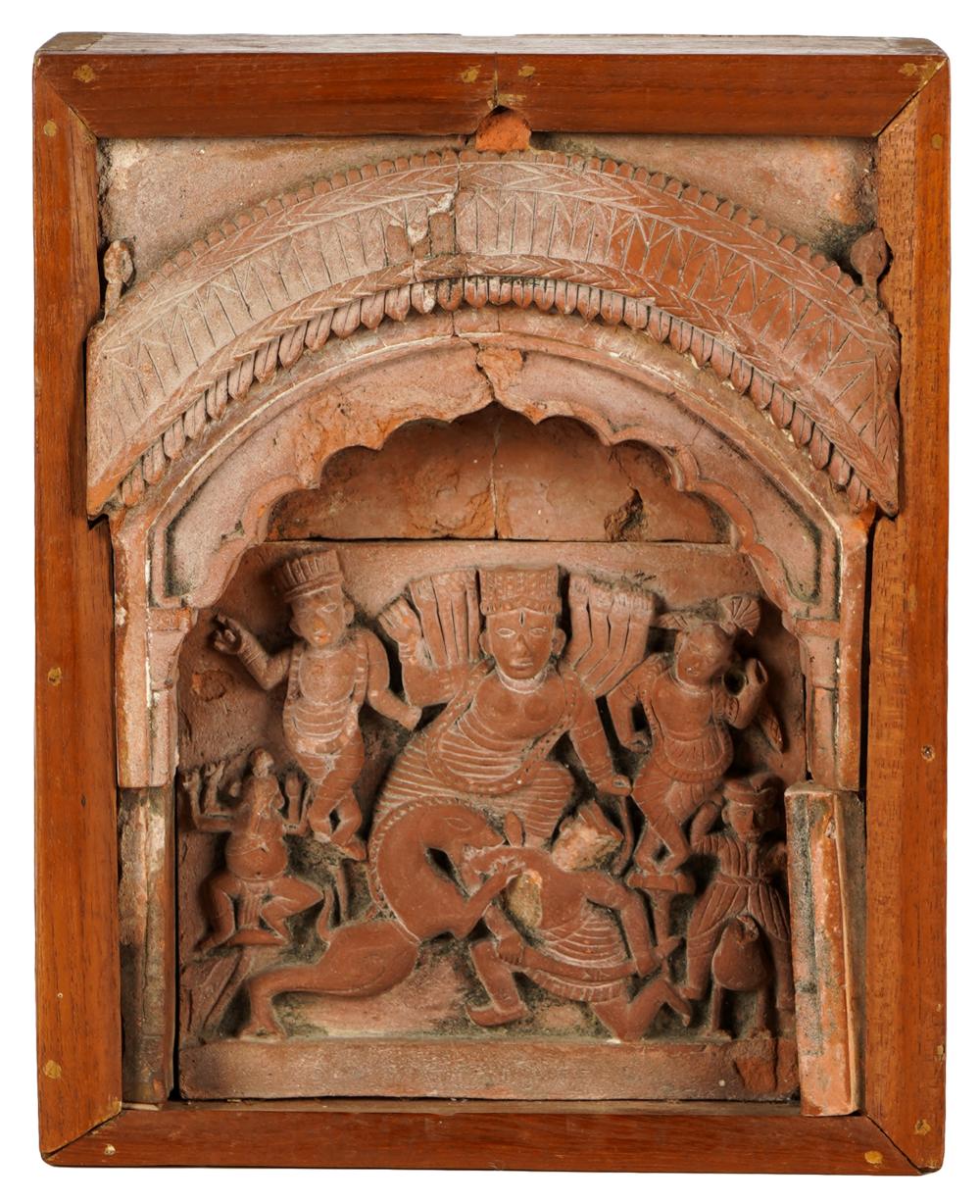 Appraisal: INDIAN TERRACOTTA RELIEF PLAQUEset in wooden box frame overall inches