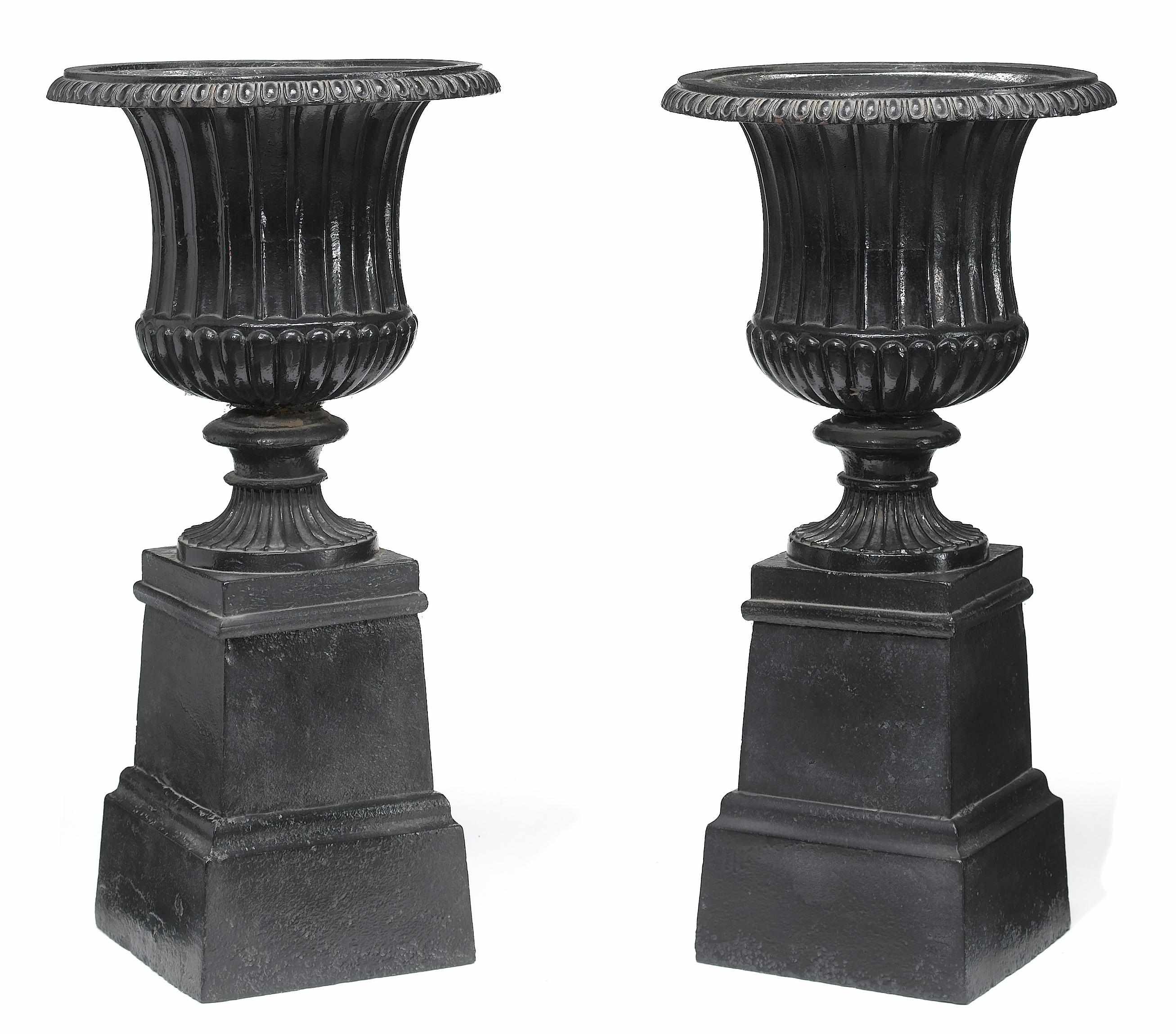 Appraisal: A pair of French black painted cast iron urns on