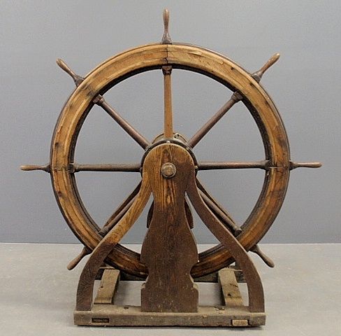 Appraisal: - Vintage inlaid mahogany sailing ship s wheel c mounted