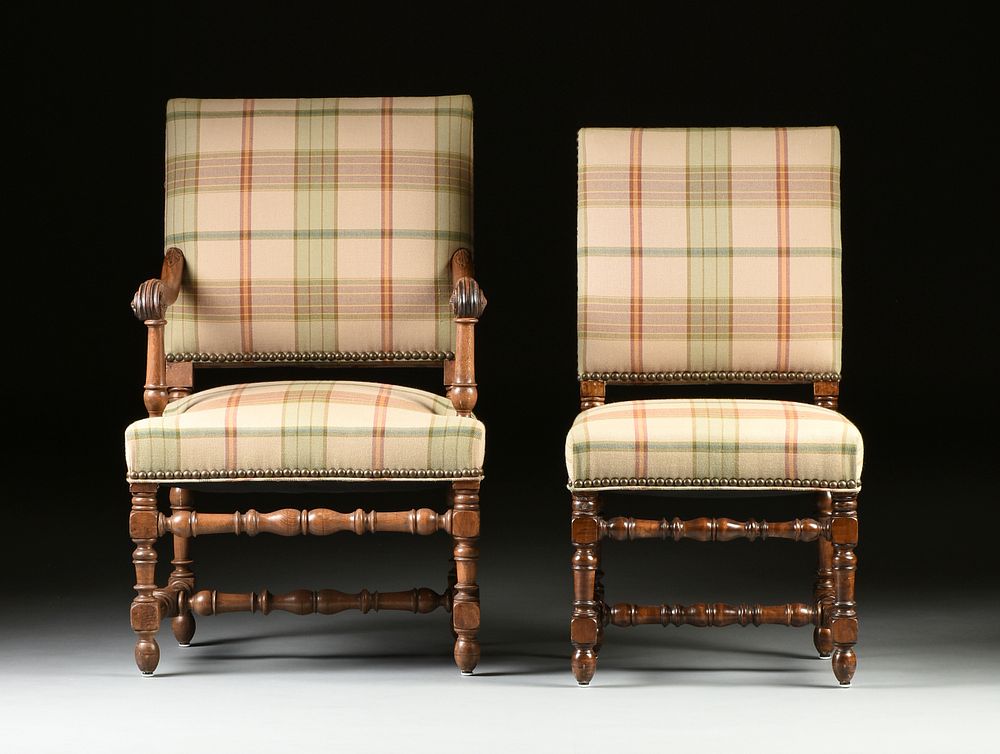 Appraisal: A SET OF SIX BAROQUE STYLE PLAID UPHOLSTERED AND CARVED