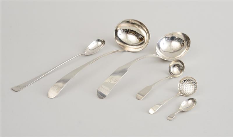 Appraisal: THREE SILVER LADLES A SIFTER SAUCE SPOON AND A CADDY