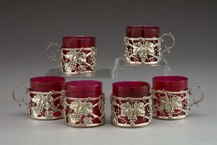 Appraisal: Set of Six Gorham Reticulated Sterling Silver-Encased Cut Cranberry Glass