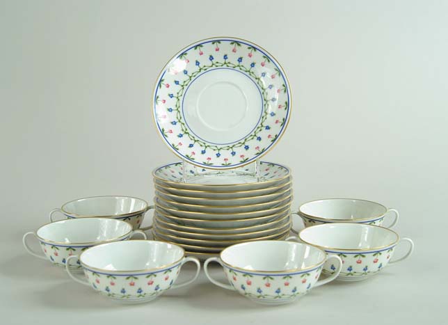 Appraisal: SET OF TWELVE TWO HANDLED SOUPS WITH SAUCERS Green mark