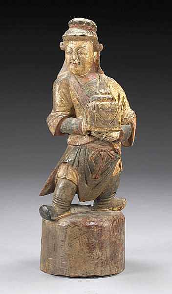 Appraisal: A painted wood male attendant figure Qing Dynasty Dressed in