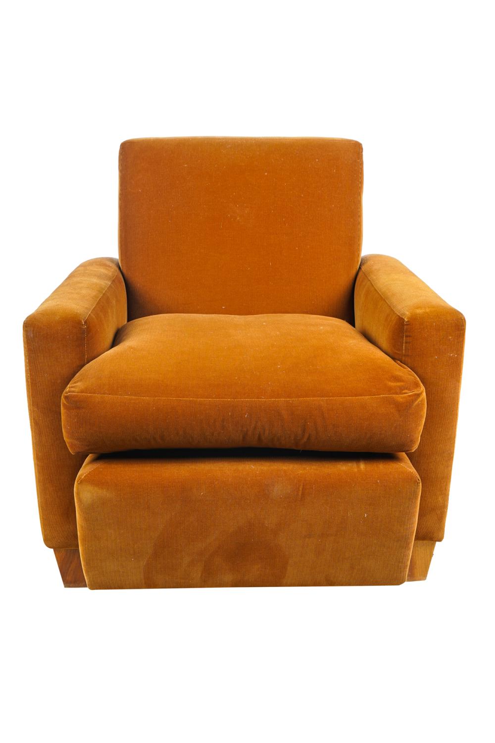 Appraisal: CONTEMPORARY CLUB CHAIRwith wood-framed back and legs covered in rust-brown