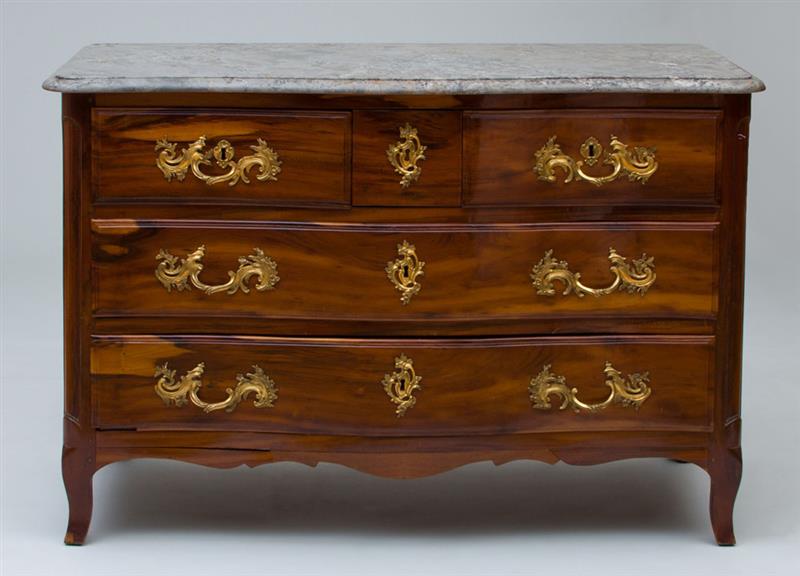 Appraisal: LOUIS XV PROVINCIAL ORMOLU-MOUNTED JACARANDA COMMODE With a grey veined