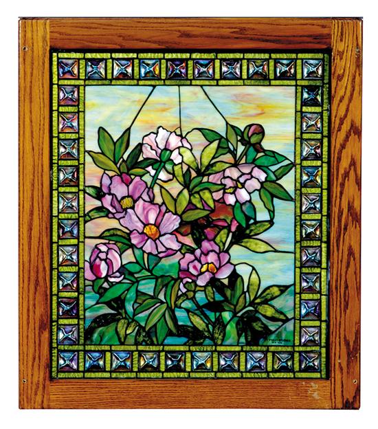 Appraisal: Stained glass window oak framed panel with geometric and dimensional