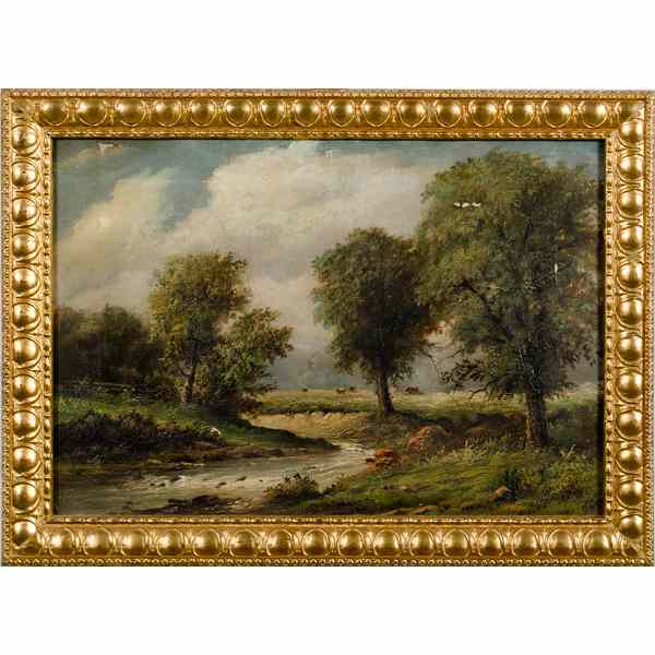 Appraisal: Bucolic Landscape with Cows Probably English turn-of-the-century oil on canvas