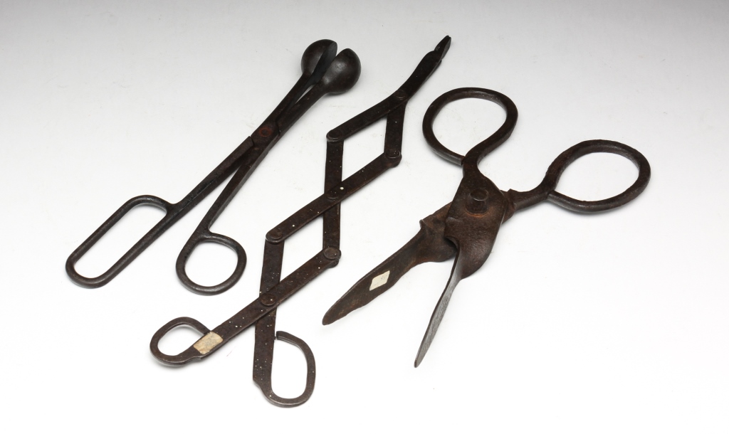 Appraisal: THREE AMERICAN WROUGHT IRON TOOLS Nineteenth century Accordion ember tongs