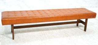 Appraisal: Dunbar Style Modernist Long Bench Orange Vinyl with Wood Base