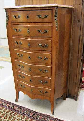 Appraisal: LOUIS XV XVI STYLE SEMAINIER seven-drawer lingerie chest French th