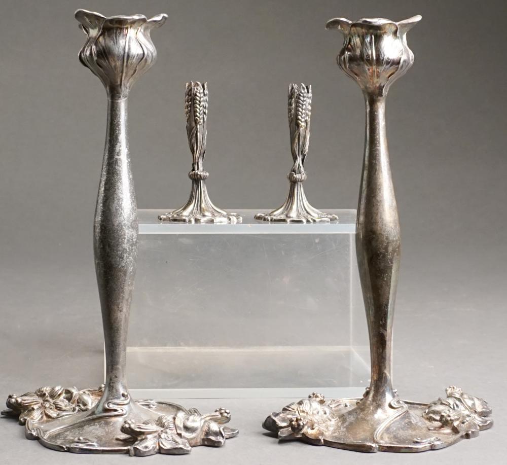 Appraisal: PAIR OF MERIDEN ART NOUVEAU SILVERPLATE CANDLESTICKS AND MINIATURE PAIR