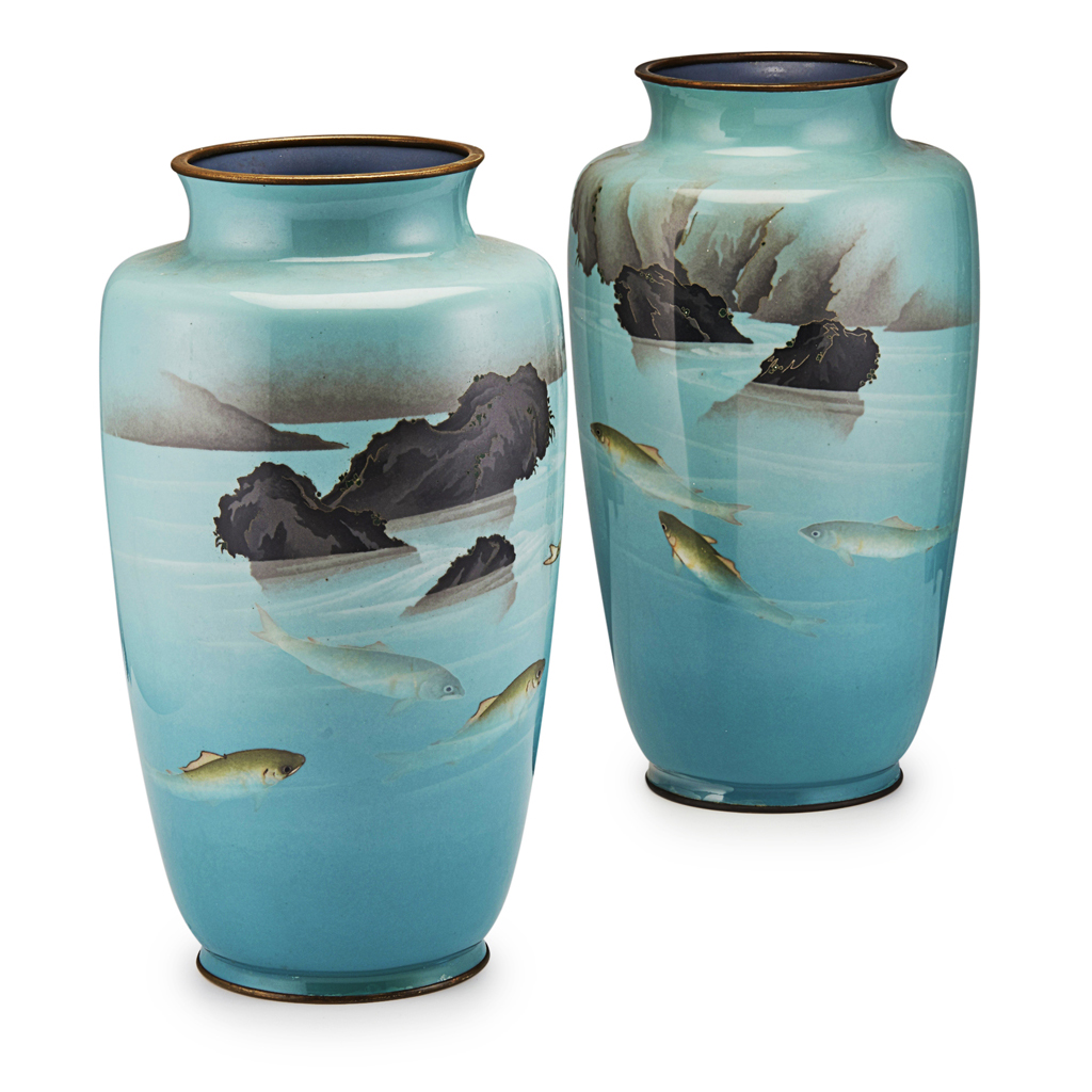 Appraisal: PAIR OF CLOISONN ENAMEL VASES MEIJI PERIOD decorated with koi