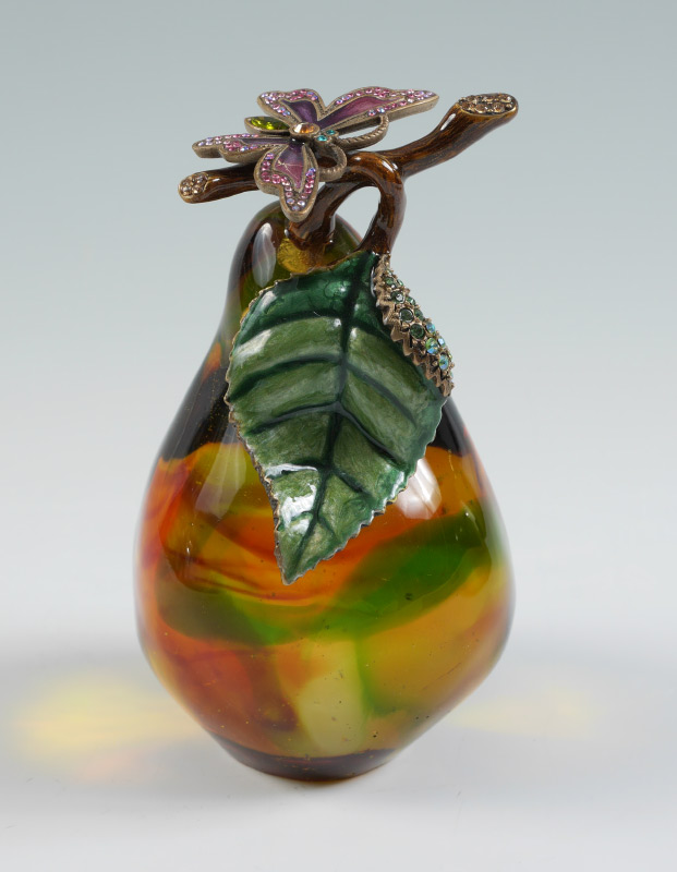 Appraisal: JAY STRONGWATER GLASS PEAR WITH BUTTERFLY Signed Jay Strongwater and