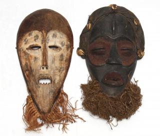 Appraisal: Vintage African Tribal Carved Painted Masks Both with grass beards