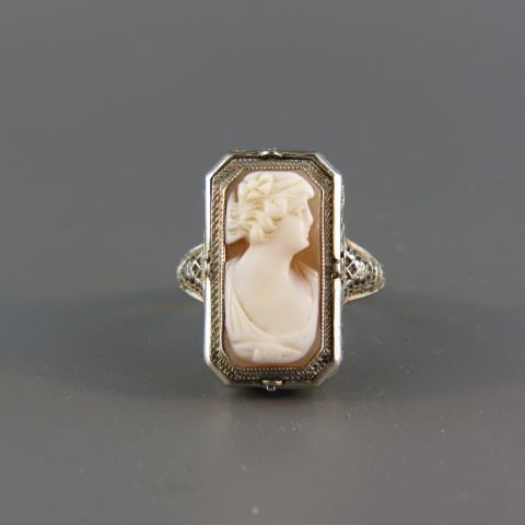 Appraisal: Cameo Black Onyx Ring antique filigree setting with carved shell