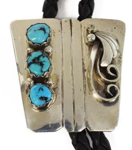 Appraisal: Native American sterling silver bolo tie signed MM three bezel-set