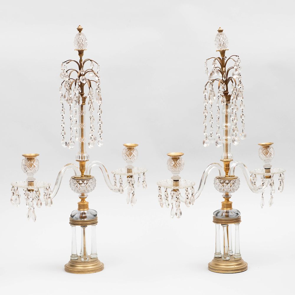 Appraisal: Pair of George III Brass-Mounted and Cut Glass Two-Light Candelabra