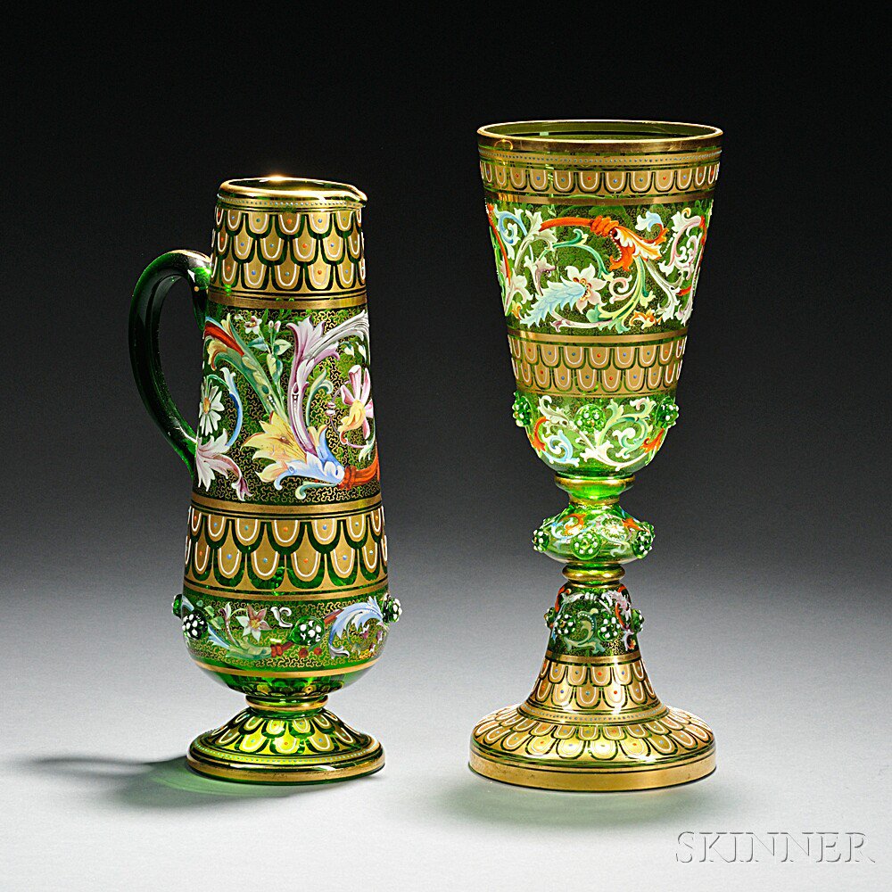 Appraisal: Two Moser-type Gilded and Enameled Green Glass Vessels Bohemia late