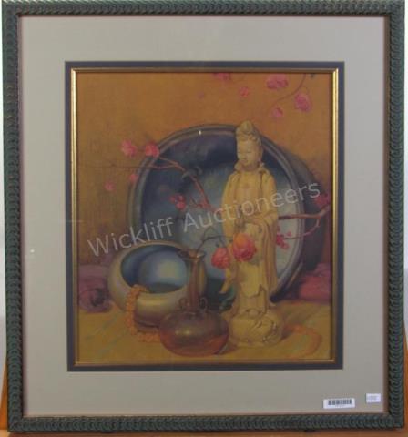 Appraisal: A still life print depicting Oriental figurine bowls beads cherry