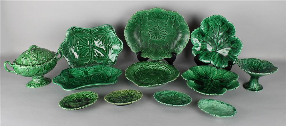 Appraisal: TWELVE VICTORIAN GREEN GLAZED LEAF MOLDED MAJOLICA PIECES late th