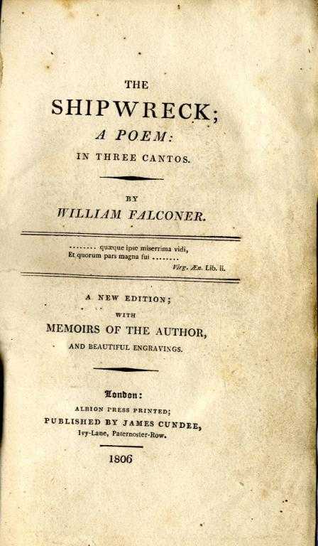 Appraisal: FALCONER WILLIAM THE SHIPWRECK A POEM IN THREE CANTOS C