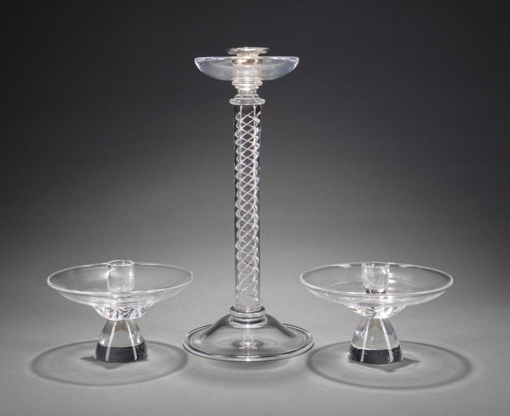 Appraisal: Steuben Glass Silver-Mounted Airtwist Candlestick and a Pair of Star