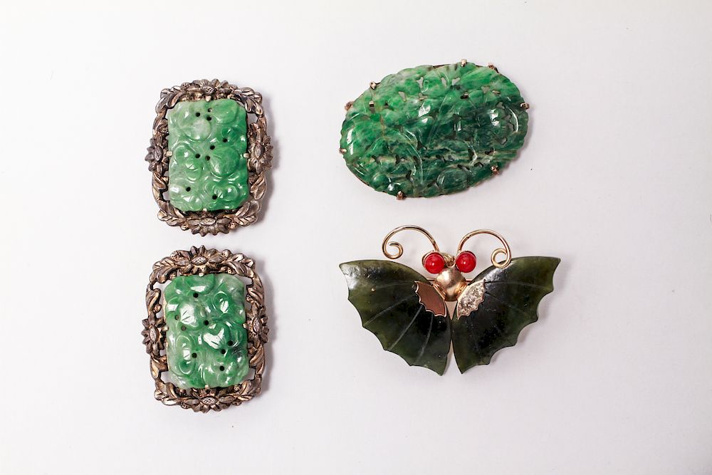 Appraisal: K Gold Silver Jade Brooches Dress Clips K gold sterling