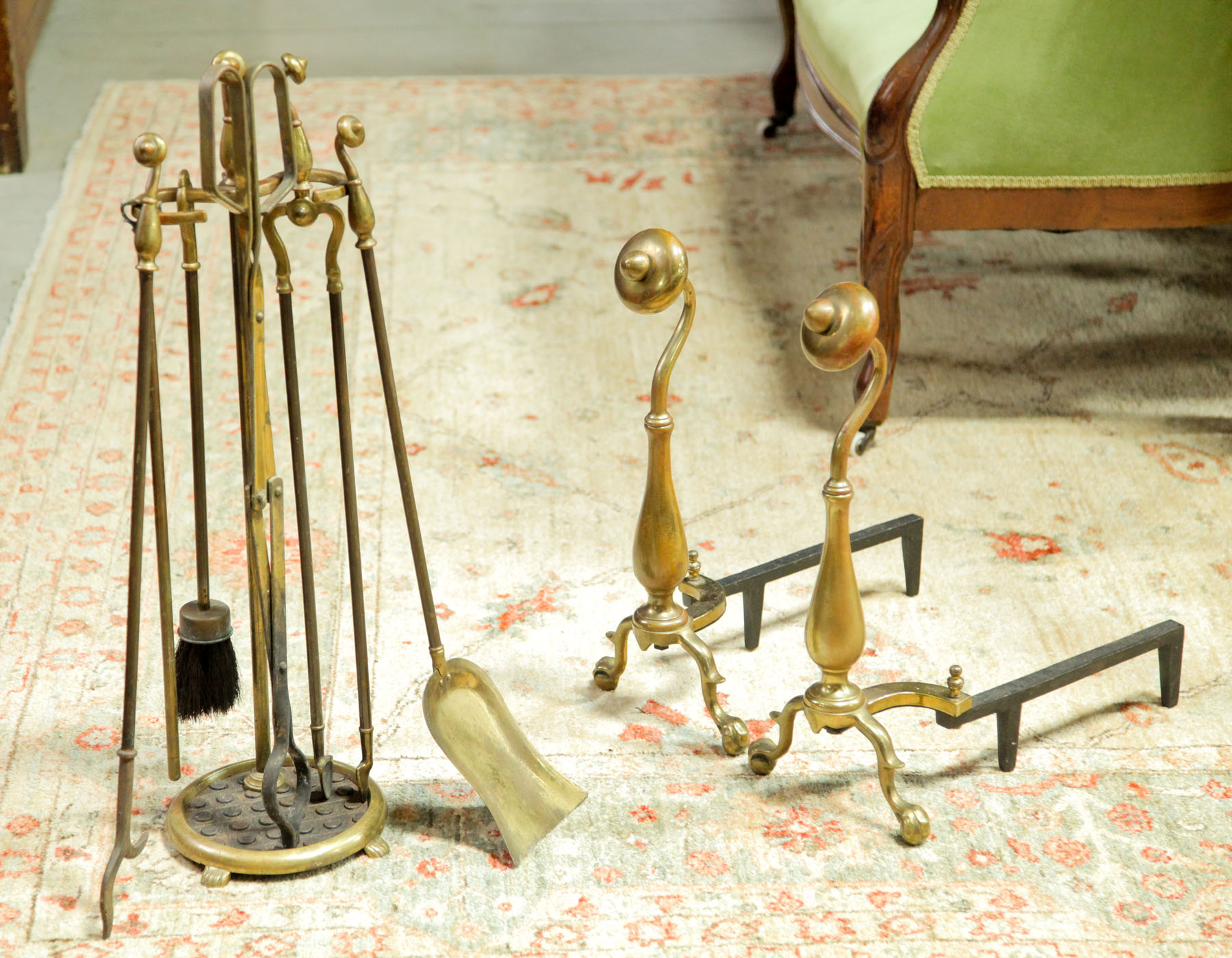 Appraisal: FIREPLACE SET AND ANDIRONS American mid th century brass and