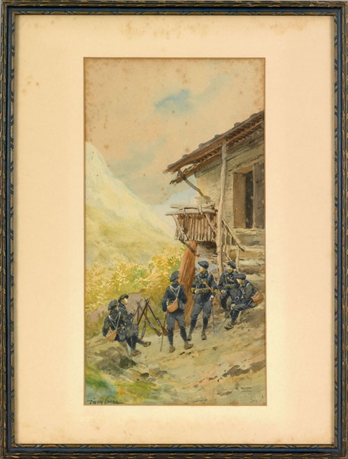 Appraisal: Pierre Comba French - pair of watercolor landscapes with soldiers