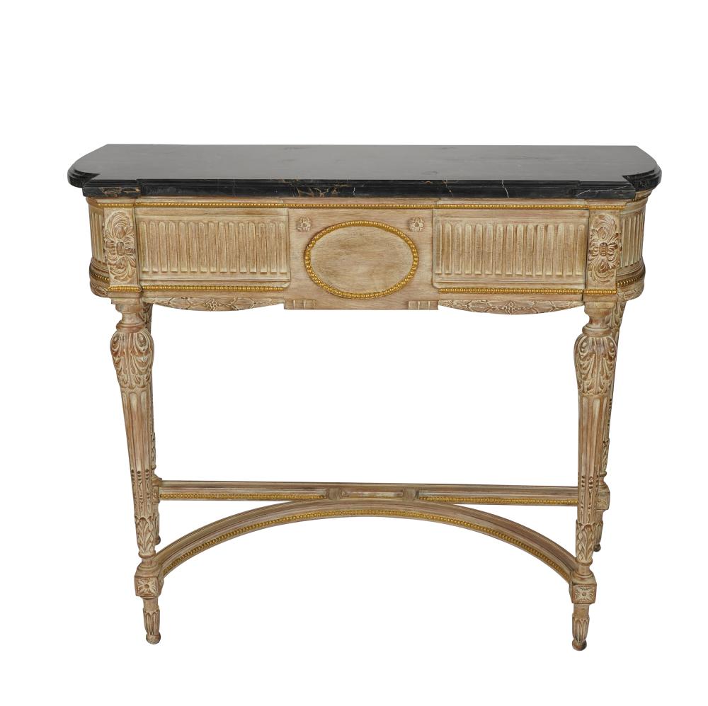 Appraisal: NEOCLASSIC-STYLE MARBLE-TOP CONSOLE TABLEthe D-shaped top on a bleached wood