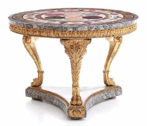 Appraisal: Continental carved giltwood center table with marble specimen top circular