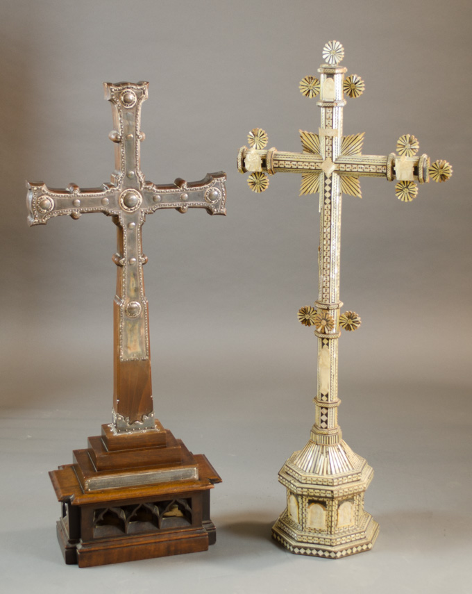 Appraisal: TWO CHURCH ALTAR CRUCIFIXES H walnut with English hallmarked silver