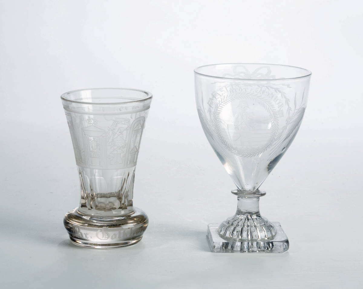 Appraisal: ENGRAVED COLORLESS GLASS PRESENTATION GOBLET NINETEENTH CENTURY AND AN ENGRAVED