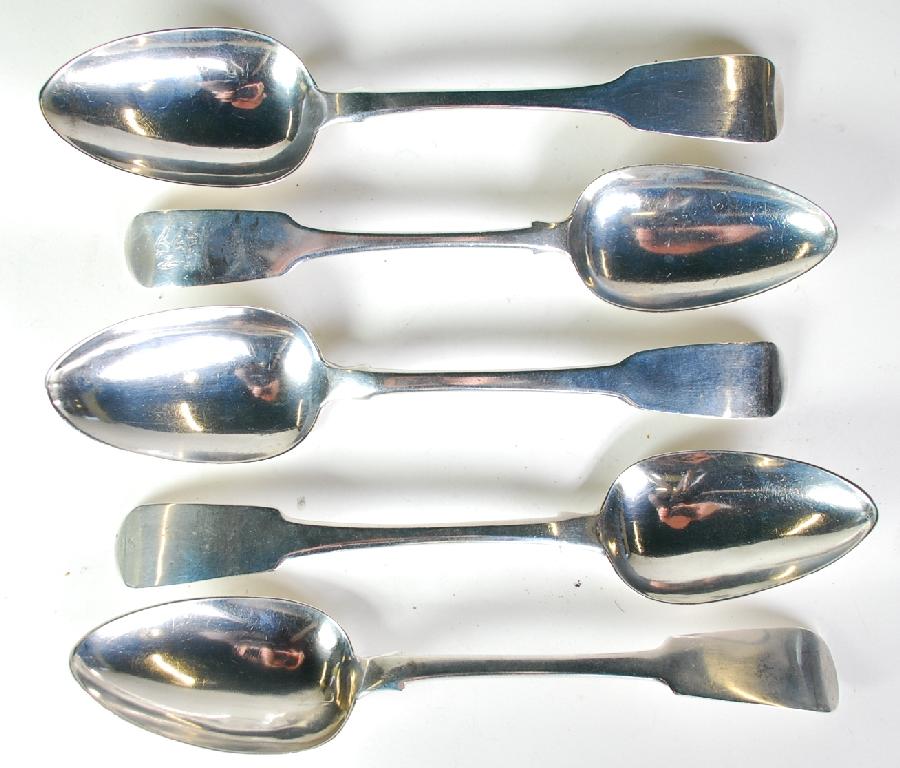 Appraisal: FIVE GEORGE III AND LATER FIDDLE PATTERN IRISH SILVER TABLESPOONS