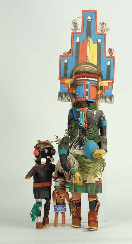 Appraisal: THREE HOPI KACHINA DOLLS th Century All damaged but generally