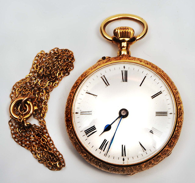 Appraisal: A LADIES CT GOLD POCKET WATCH case with scroll engraved