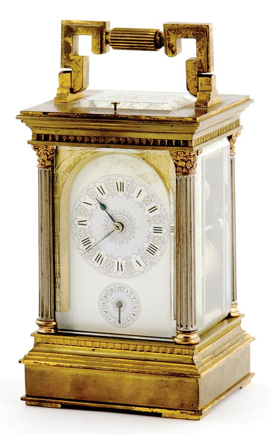 Appraisal: French brass carriage clock late th century hinged handle on