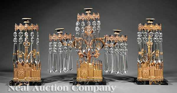 Appraisal: A Rare American Gothic Gilt Bronze Three-Piece Girandole Set stamped