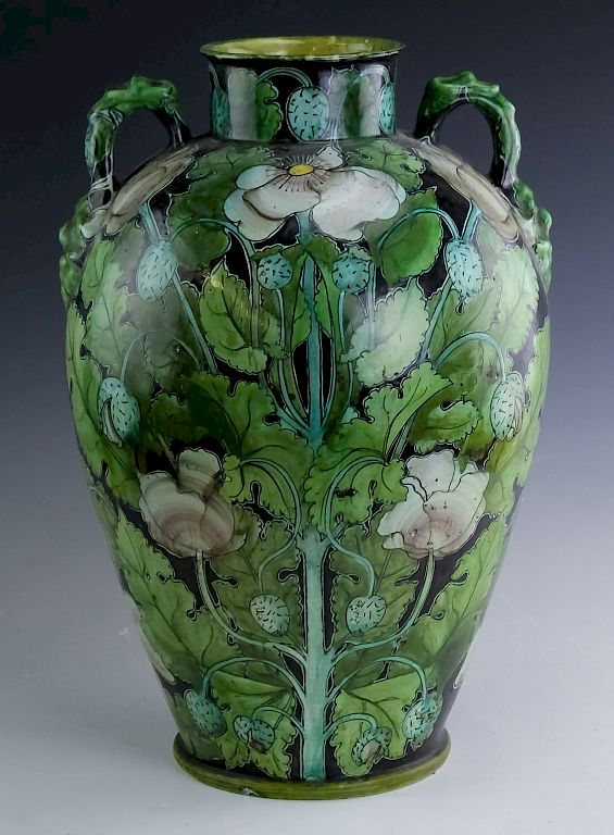 Appraisal: Italian Majolica Pottery Art Green Floor Vase Signed Italian green