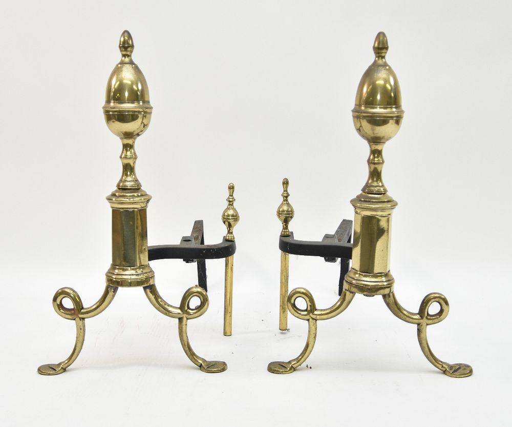 Appraisal: Large Pair Brass Andirons th c Large pair of brass