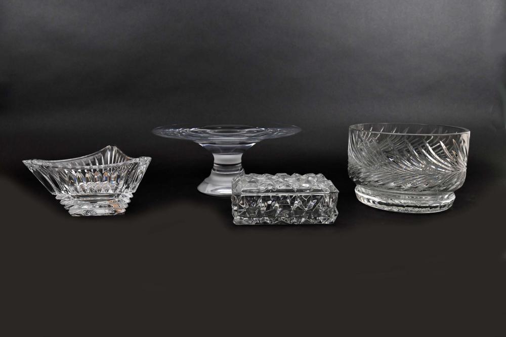 Appraisal: FOUR COLORLESS GLASS TABLE ITEMSComprising a Nambe cake stand a