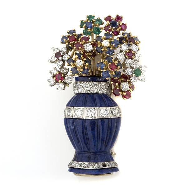 Appraisal: A diamond and gem-set bouquet brooch estimated total diamond weight