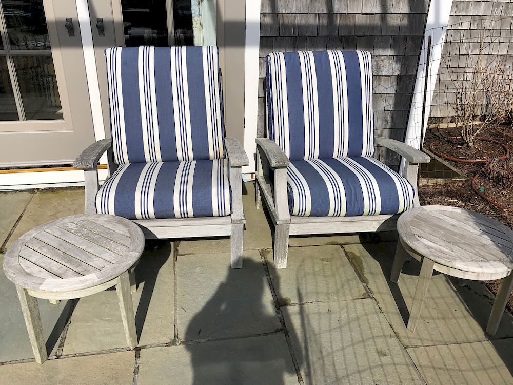 Appraisal: Pair of Gloster Teak Armchairs with Blue and White Striped