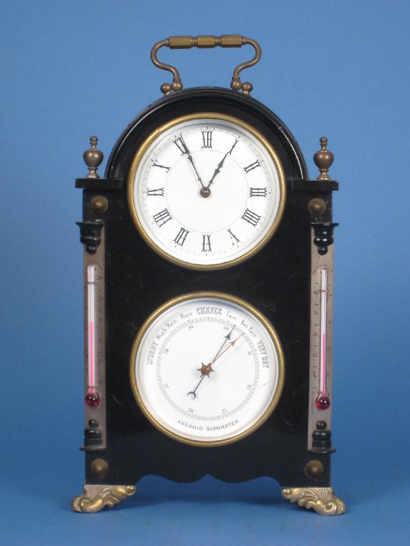 Appraisal: An ebonised Mantel Clock Barometer with brass carrying handle the