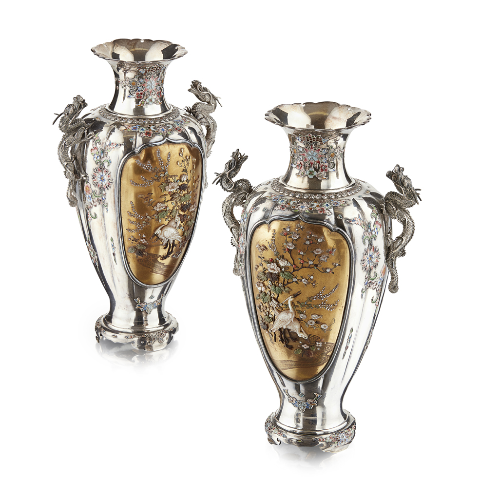 Appraisal: PAIR OF SILVER CLOISONN AND SHIBAYAMA-INLAID BALUSTER VASES BY SADAYUKI